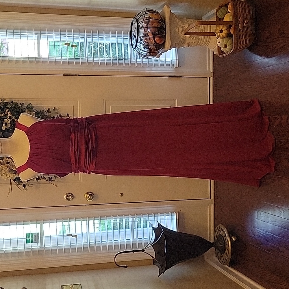 David's Bridal dark red fuchsia evening dress empire waist tie back size…18 EUC